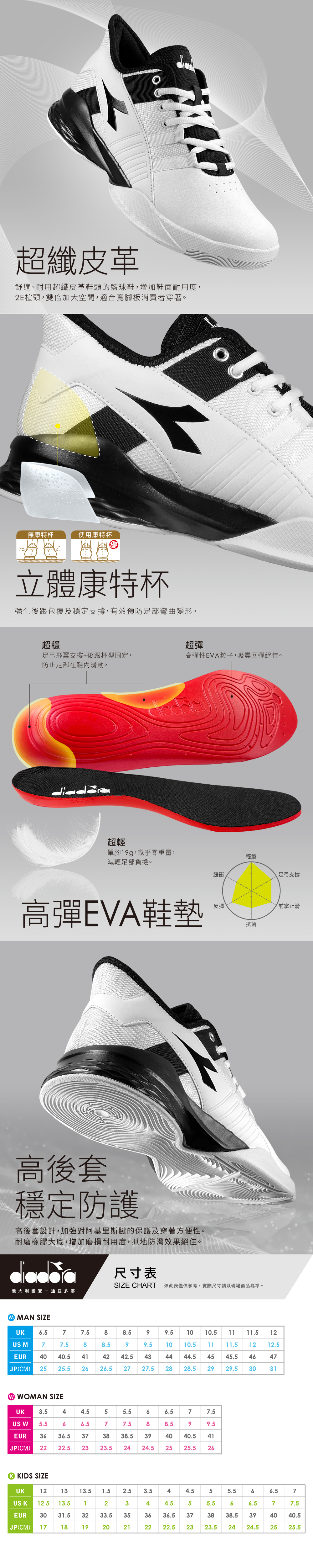 diadora籃球鞋， 高彈EVA鞋墊，2E楦頭，減壓彈力棉鞋墊，耐磨橡膠大底。